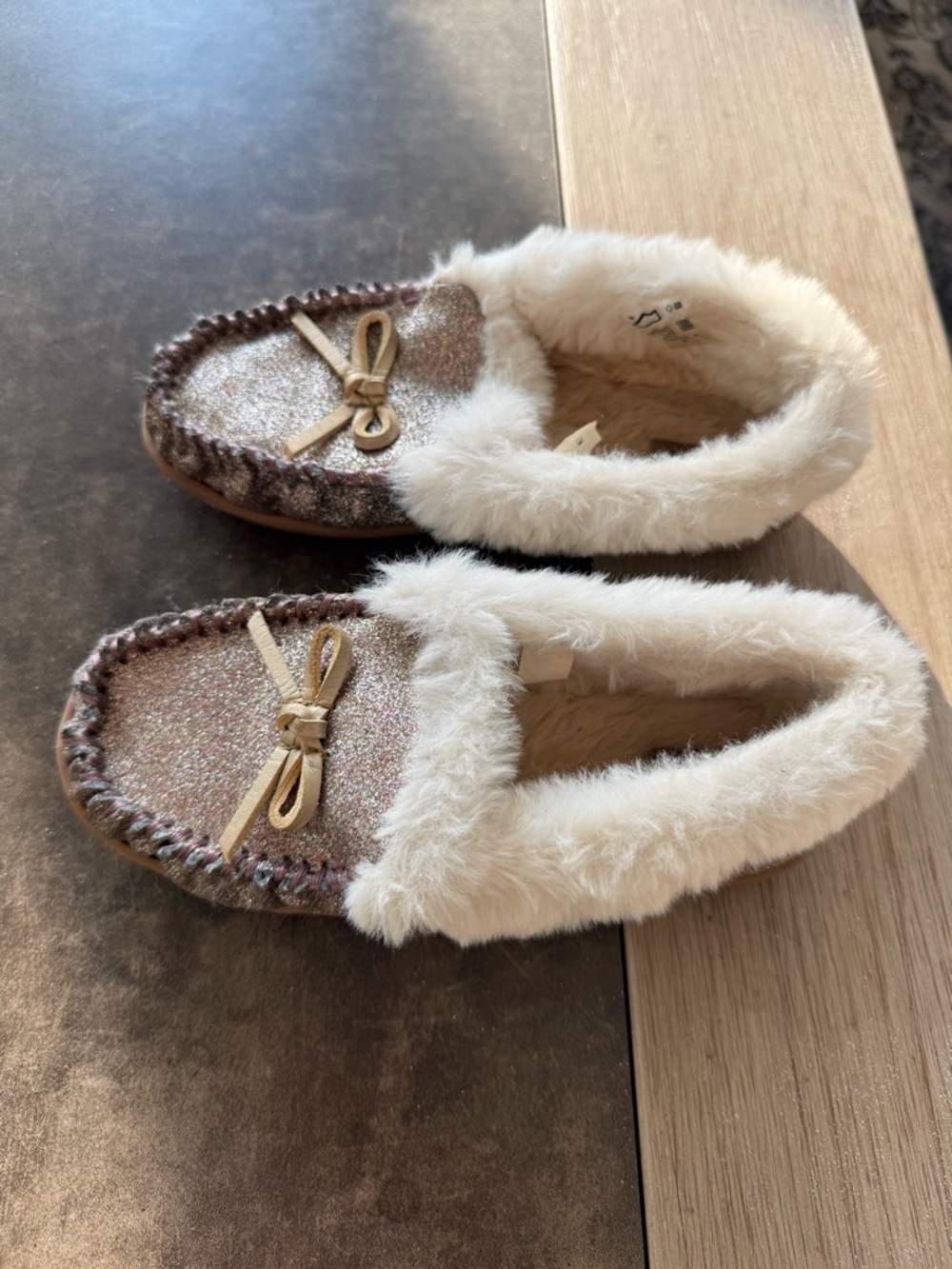 Jcrew Crewcuts Sparkly Fur-Trim Moccasin Slippers - Neutral Tones